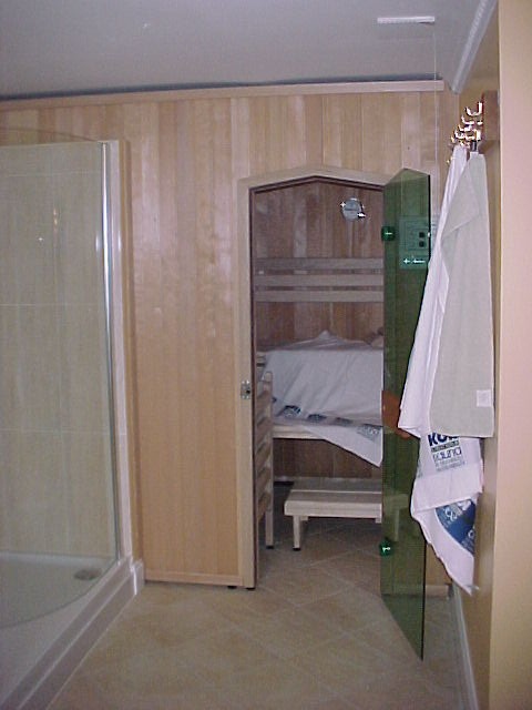 Koll-Comfort-Sauna im Badezimmer mirt Auenansicht in Hemlock